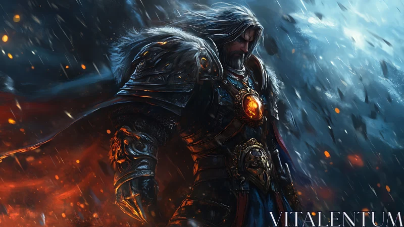 Stormbound paladin in emberlit armor amid raging blizzard.