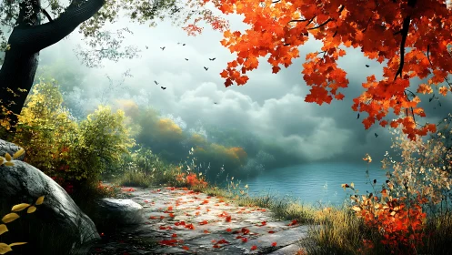 Autumn lakeside path under vibrant foliage in digital painting
