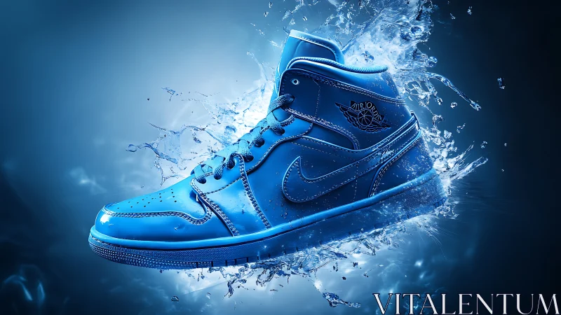 Electric blue sneaker blasts through dynamic water splash