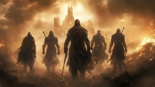 Hooded warriors stride through emberstorm toward cursed citadel.