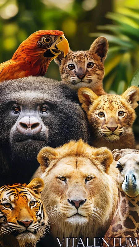 Wild jungle animals share a vivid, close-up portrait together.