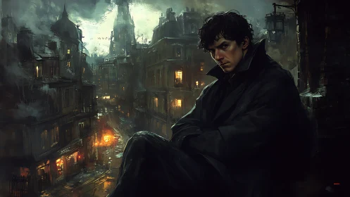 Brooding man in dark coat overlooks rainy city street