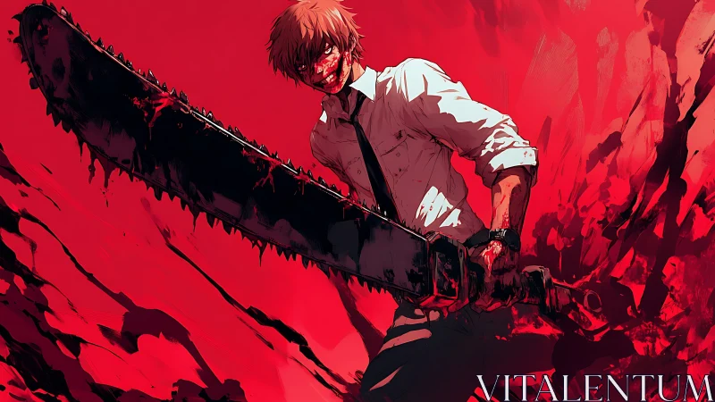 Blood-drenched chainsaw brawler in scarlet stormscape.