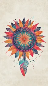 Vibrant mandala sunburst with mosaic petals and feathers.