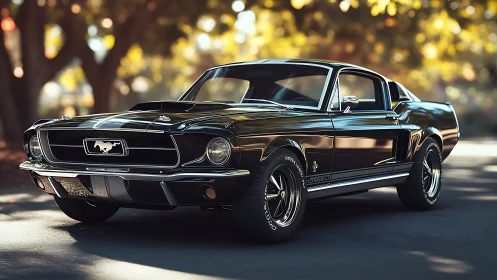 Photorealistic black Mustang fastback in sunlit street scene.