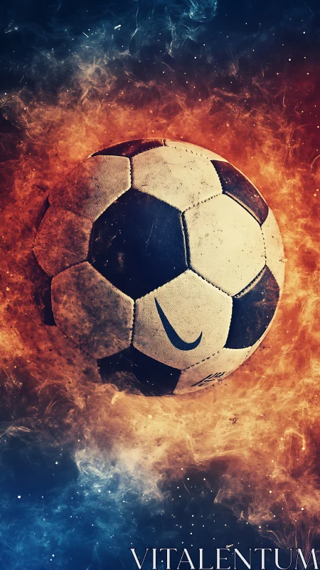 Fiery cosmic soccer ball floats in swirling blue and orange nebula.