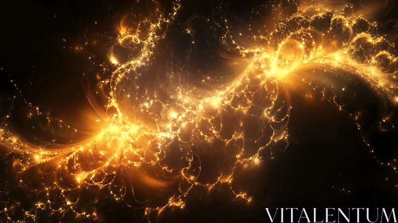 Golden fractal light patterns on dark abstract background.