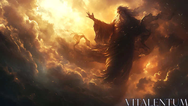 Divine robed figure commands luminous storm clouds in golden light