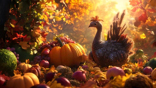 Autumn turkey sculpture rests amid glowing harvest bounty.