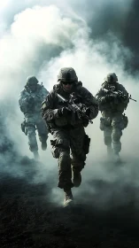 Armed soldiers advancing through dense ground smoke.