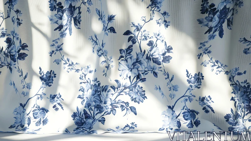 Blue floral curtains glow softly in dappled morning light.