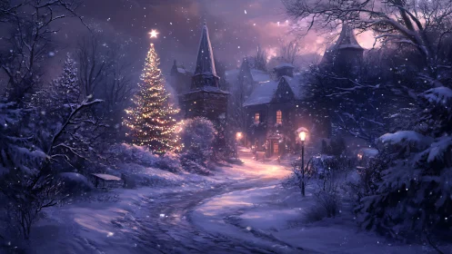 Starlit winter lane curling toward a glowing festive village.