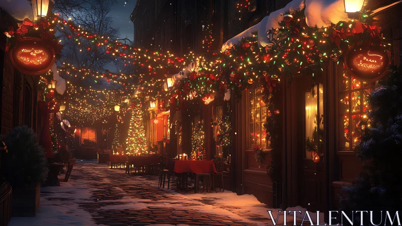 Snowy cobblestone street lined with glowing Christmas lights.
