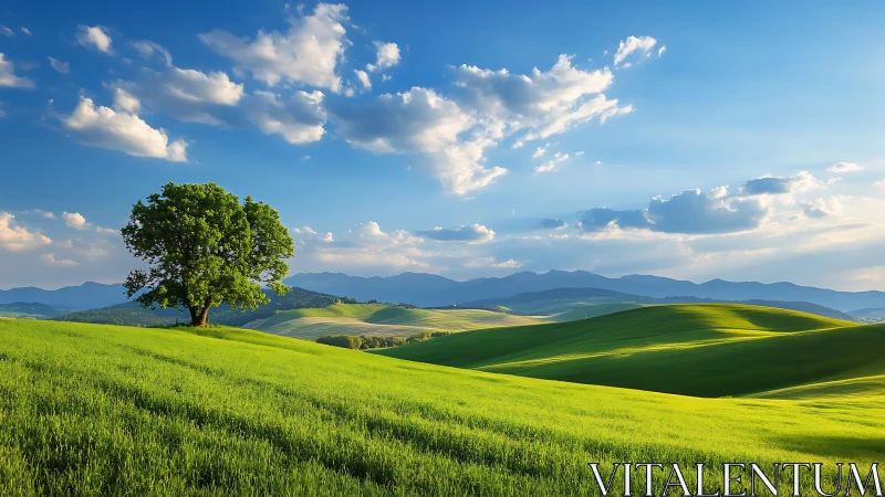 Solitary tree crowns luminous rolling spring hills. Period.