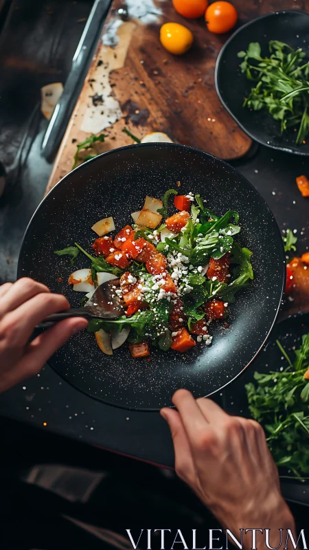 Overhead preparation of arugula salad with tomato and feta on dark plate