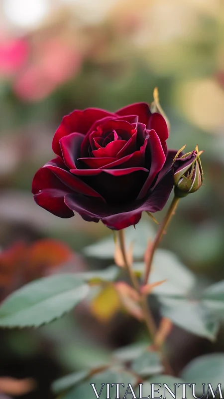 Dark red rose blooms softly against a dreamy garden haze