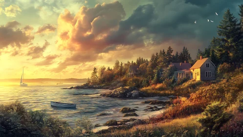 Golden hour coastal cottages under dramatic stratocumulus sky