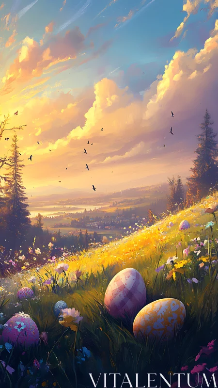 Sunlit spring hillside with painted Easter eggs and valley