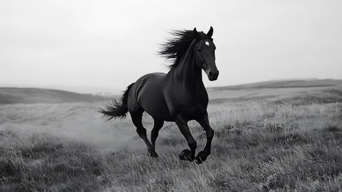 Black horse moves across open grassland in overcast light