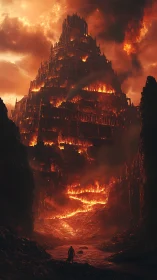 Hellfire citadel tower rises through molten chasm sky.