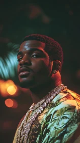 Portrait of confident man in gold chains under moody lights.