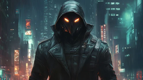 Neon-hooded cyber phantom stalks rain-soaked city canyons.