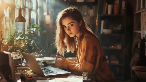 Young woman at laptop in warm studio with ambient daylight