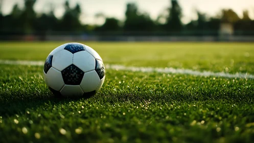 Sunlit soccer ball waiting on fresh green field edge.