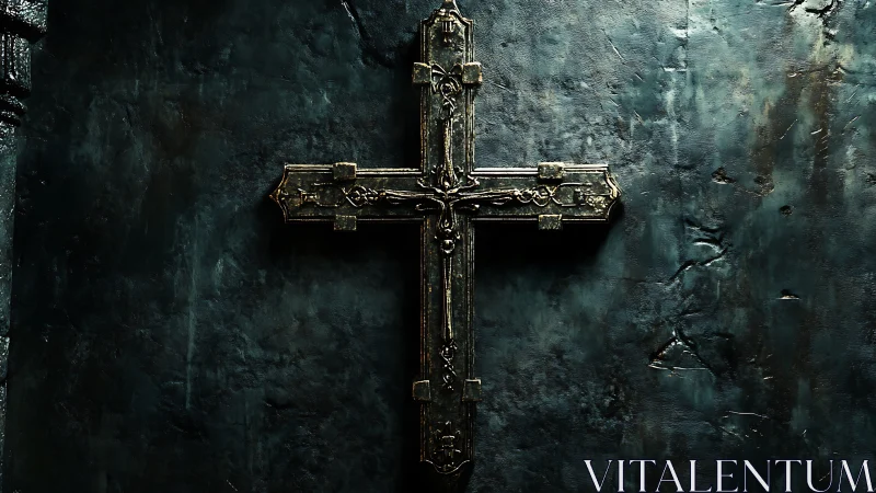 Aged metal cross resting quietly on a weathered wall.