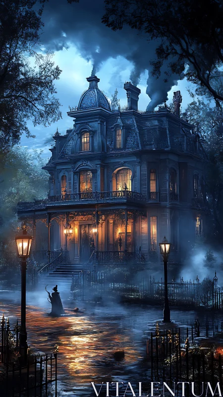 Victorian mansion glows through fog on stormy midnight street