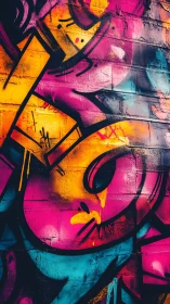 Neon graffiti curves ignite a brick wall with urban energy