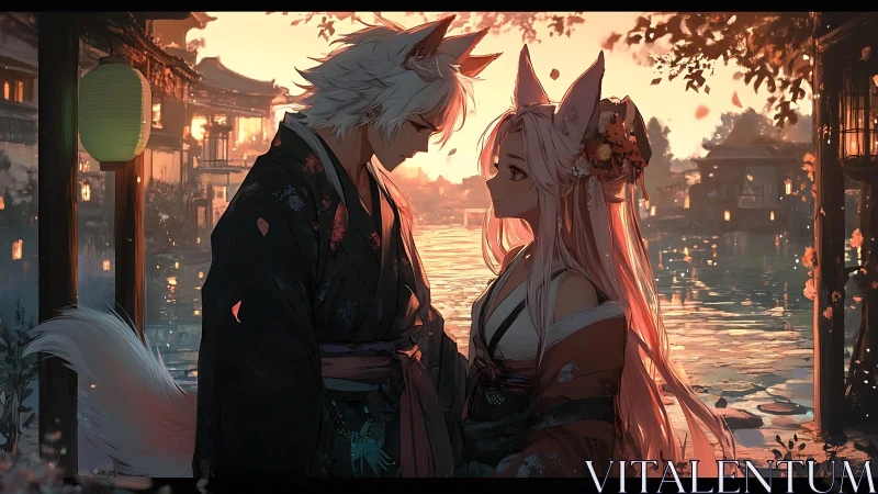 Fox-eared lovers trade twilight secrets beside lantern-lit water
