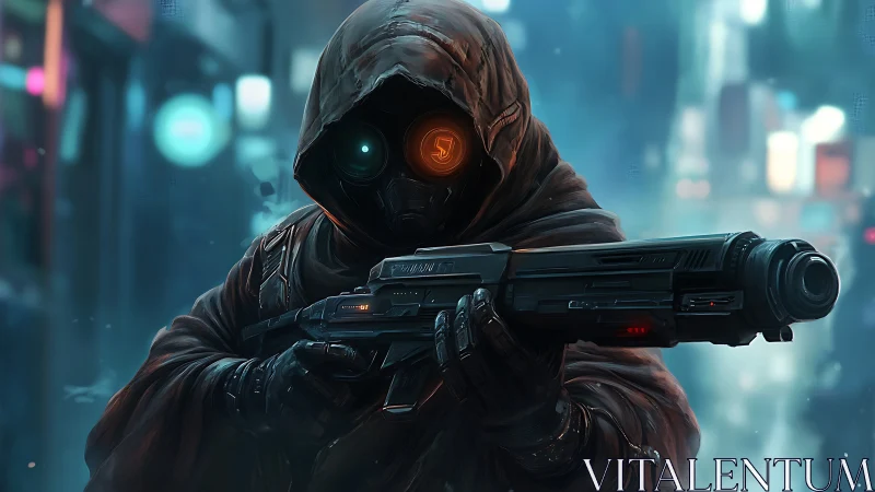 Hooded figure with rifle in blurred futuristic streetscape.