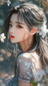 Spring portrait girl with blossoms and soft bokeh light.