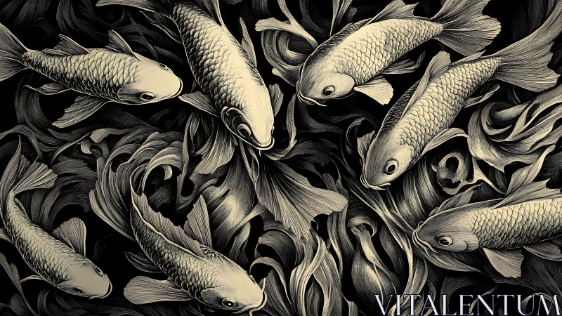 Graceful koi glide in swirling monochrome waters of calm