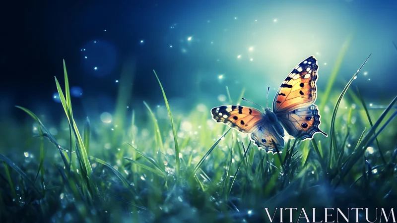 Butterfly rests on dewy grass under glowing blue twilight