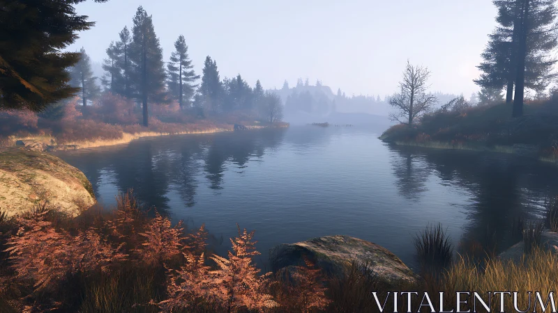 Gentle misty lakeside morning wrapped in soft autumn calm.