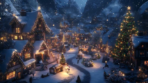 Nocturnal alpine village under festive luminance mapping.