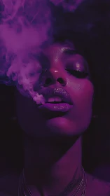 Violet haze around sensual portrait in moody neon light.