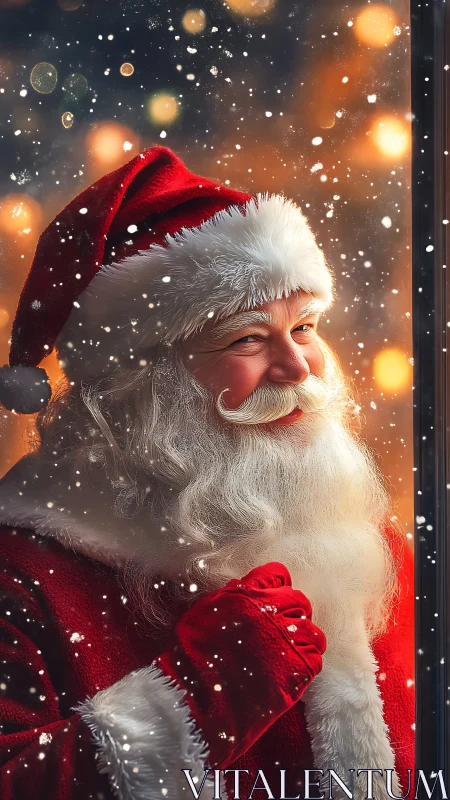 Santa figure in red suit standing by window in snowfall.