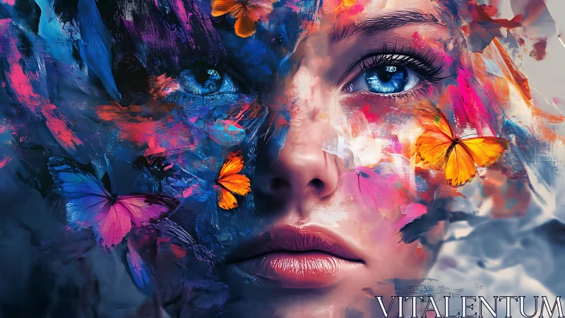 Vivid butterflies and paint fragments bloom across a tranquil face