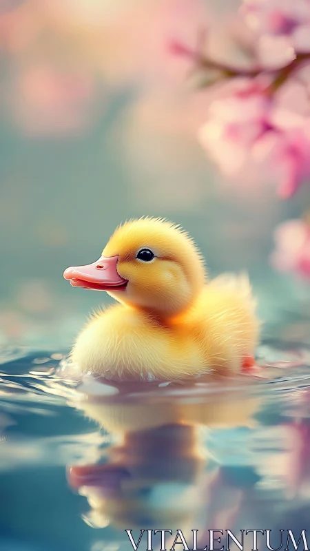 Cute yellow duckling swimming in soft pastel water scene.