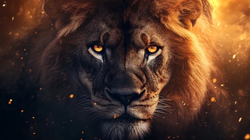 Ember-eyed lion studies the horizon through swirling sparks