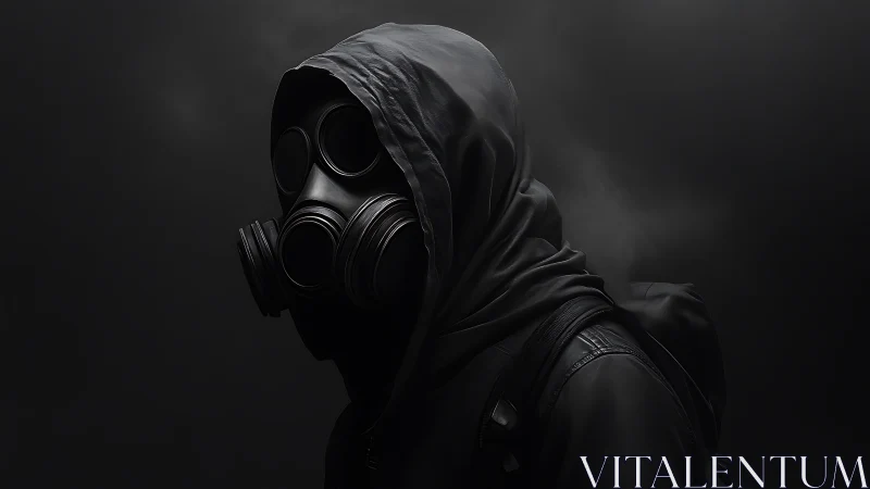 Hooded figure in gas mask against dark smoky backdrop.