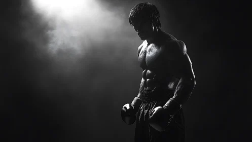 Low key monochrome portrait of muscular boxer in stance