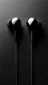 Black Earbuds with Glossy Spheres Against Textured Background.