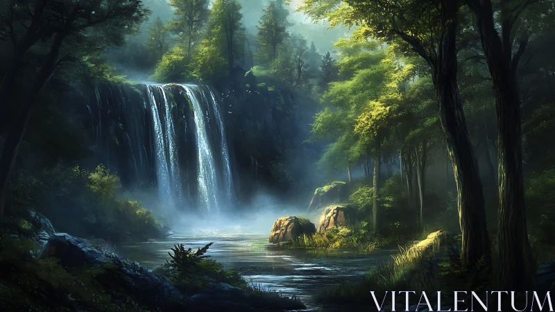Enchanted Forest Waterfall with Golden Sunlight