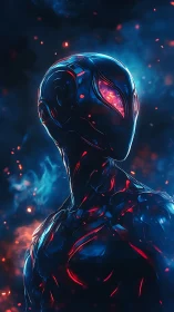 Futuristic cybernetic figure with glowing core in nebula.