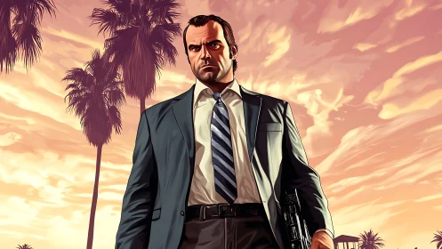 Sharp-suited antihero strides beneath neon sunset sky.