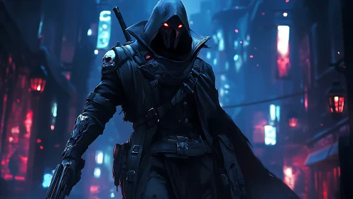 Neon reaper strides through rain lit alleyways of midnight city.